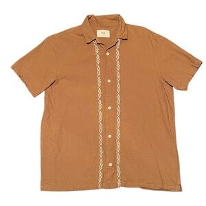 Folk Maze Short Sleeve Linen Shirt Chain Stitch Embroidery Camel Brown Men’s XL